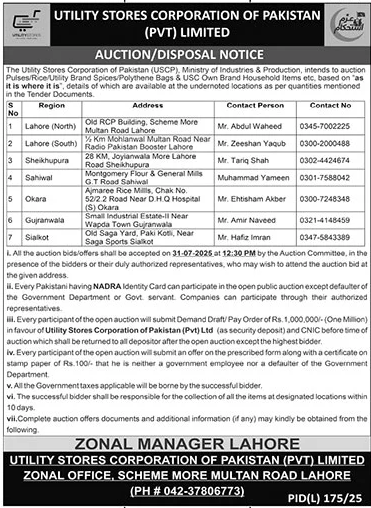 Utility Stores Corporation of Pakistan Private Limited Lahore Tender Notice